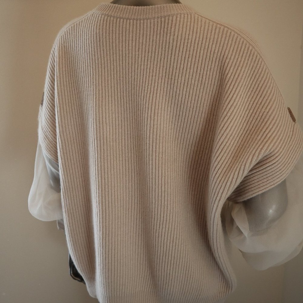 Brunello Cucinelli Cashmere Sweater Monili Beige Shear Sleeves Size X-Large New - Picture 8 of 10